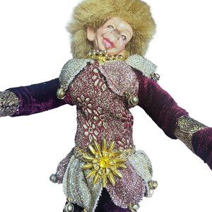Vtg  Jester Elf Clown Doll Posable Faux Fur Hat Velvet Outfit 14" Burgundy Gold